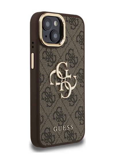 Apple Uyumlu iPhone 15 Kılıf Guess Lisanslı Metal 4g Ve Yazı Logolu Kamera Standlı Kapak Kahverengi