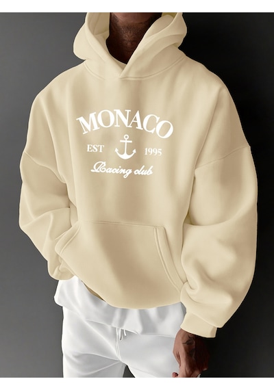 Uyguntarz Unisex Monaco Racing Club Baskılı Tasarım Oversize Sweatshirt Bej