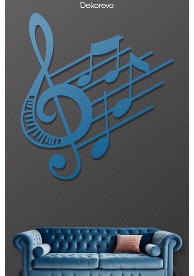 Sol Anahtarı Ve Notalar Metal Duvar Tablosu - Metal Duvar Sanatı - Mavi - 30 X 30 Cm
