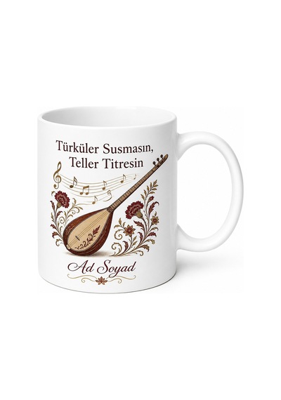 Türkü Dinleyen Saz Sesi Bağlama Teli Anadolu Hasreti Kupa Bardak Hediye Beyaz / Çok Renkli