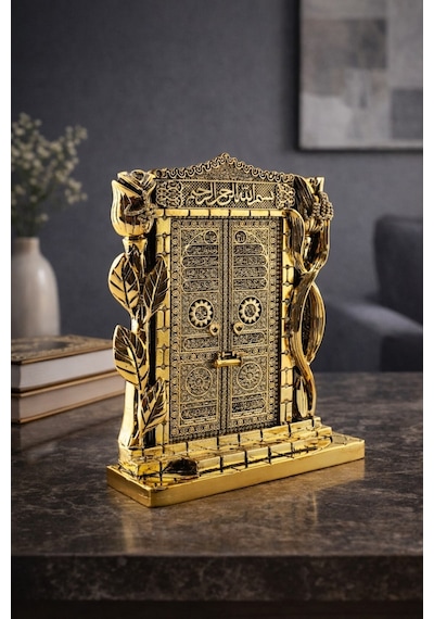 Taş İşlemeli Gold Renkli Allah & Muhammed S.a.v Kâbe Kapısı Figürlü Taşlı Masa Üstü Biblo 25 Cm Sarı