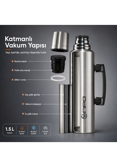 Npo Nt01 1.5l Çift Katmanlı Vakum Teknolojili 24h Sıcak 48h Soğuk 72 Saat Buzlu Çelik Termos Gri