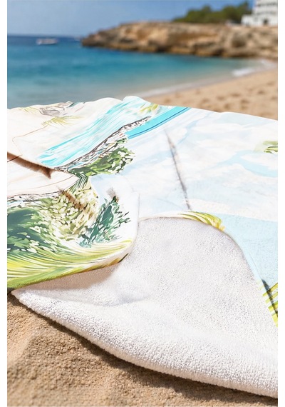 Tropikal Ada Manzaralı Plaj Havlusu - Akdeniz Bohem Pastel Sahil Hızlı Kuruyan Mikrofiber Havlu Sedef Rüyası