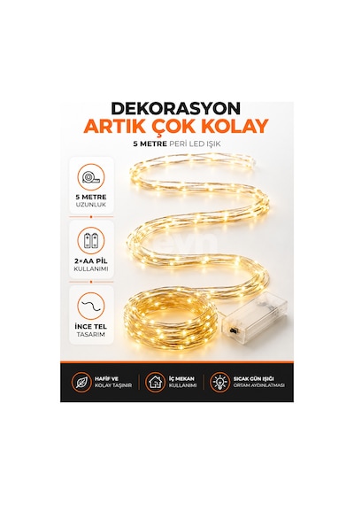 5 Metre Pilli Peri Led Işık Gün Işığı Dekoratif Tel Aydınlatma 2 Aa Kalem Pil İle Çalışan Oda Süsü Sarı