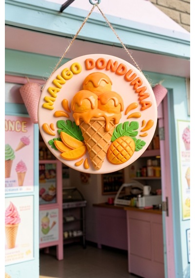 Mango Dondurma Görselli Ahşap İpli Kapı Duvar Süsü Tropikal Cafe Reklam Panosu