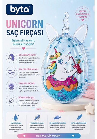 Unicorn Sıvı Sim Dolgulu Saç Fırçası Dolaşık Açıcı, Yumuşak Uçlu Çocuk Ve Yetişkin Tarama Fırçası