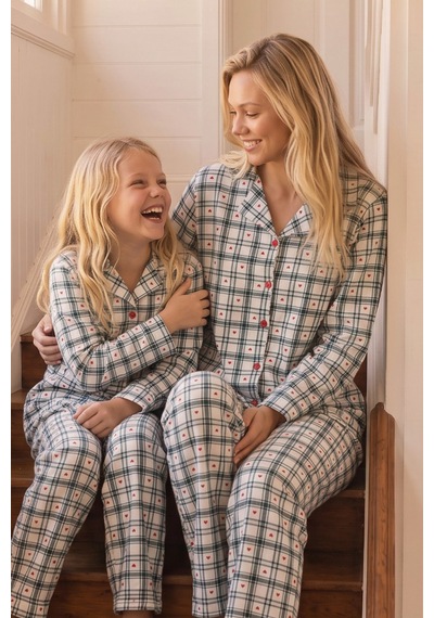 Siyah İnci Desenli Termal Kumaşlı Ultra Soft Yumuşak Düğmeli Örme Pijama Takımı 26226821 Ekru