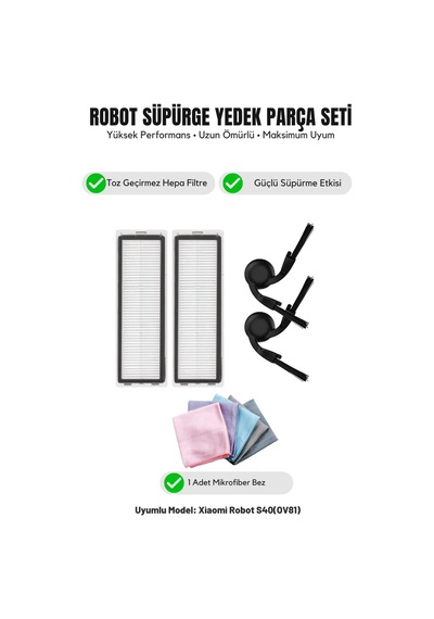Robot Vacuum S40 Ov81 İle Uyumlu 2 Yan Fırça 2 Filtre 1 Temizlik Bezi 5.0