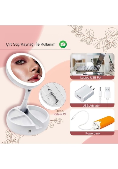10x Büyütme Çift Taraflı Makyaj Ayna Katlanabilir 21 Led Işıklı Makyaj Aynası Usb Kablo Beyaz