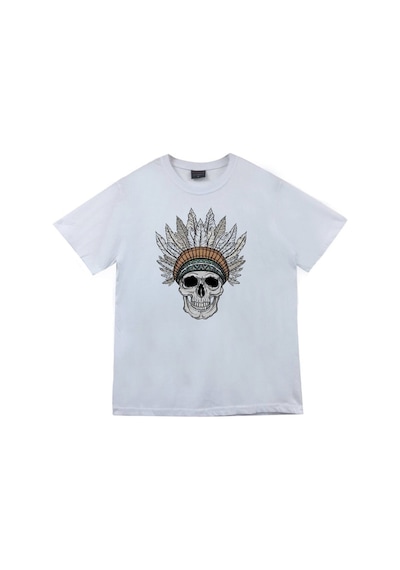 Stoned&Fame Unisex Beyaz Kızılderili Tişört Baskılı T-shirt Beyaz