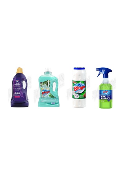 Bingo Giysi Şampuanı 3 L + Yüzey Tem. Fresh 2.5 Lt + Ovma + Yağ Çözücü 900 Ml 4'lü Set