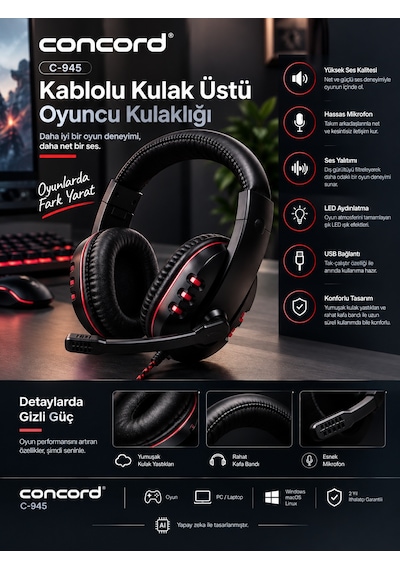 Concord C-945 Kablolu Kulak Üstü Oyuncu Kulaklığı Usb Led Aydınlatmalı Mikrofonlu Gaming Kulaklık
