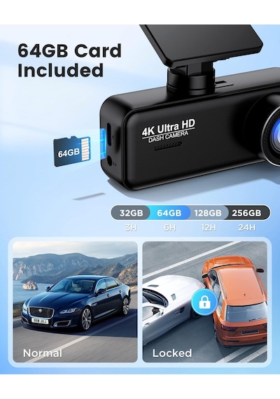 4k + 1080p Dash Cam Ön Arka Kamera, Wifi, 64gb Sd Kart, Ultra Gece Görüşü, G-sensör, Döngüsel Kayıt