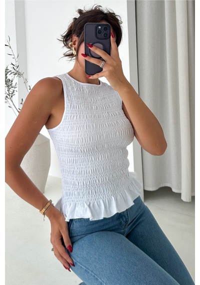 Femelle Beyaz Fırfırlı Büzgülü %100 Pamuk Bluz