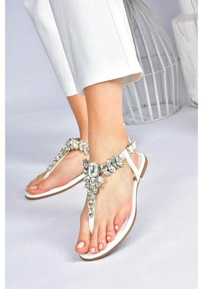 Fox Shoes Beyaz Taşlı Parmak Arası Kadın Sandalet M272006009