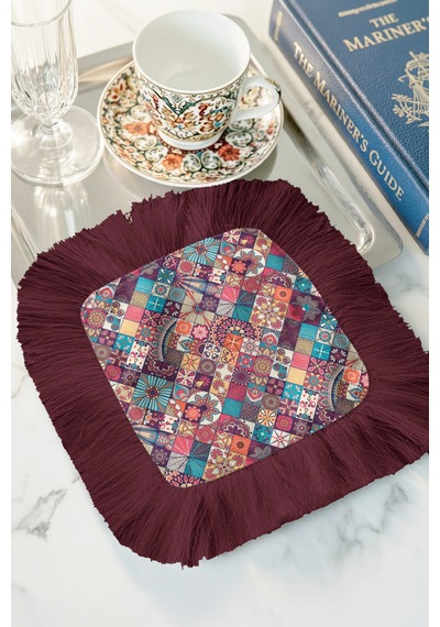 Mozaik Patchwork Saçaklı Sunum Peçetesi-canlı Bohem Renkli Bordo Saçak Bardak Altlığı Servis Mendili Çok Renkli