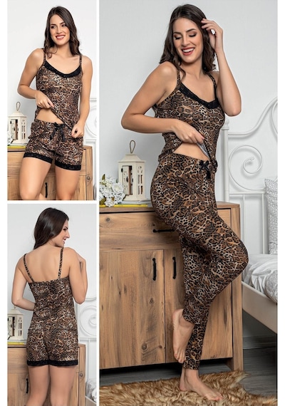Myben Kadın Leopar Desenli Dantel Detaylı Şortlu Ve Taytlı Pijama Takımı 3'lü Set 75000 Kahverengi