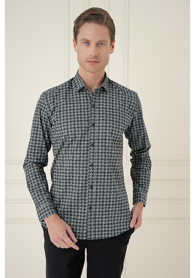 Efor Slim Fit Kazayağı Desenli %100 Pamuk Casual Gri Gömlek G 1585 Gri