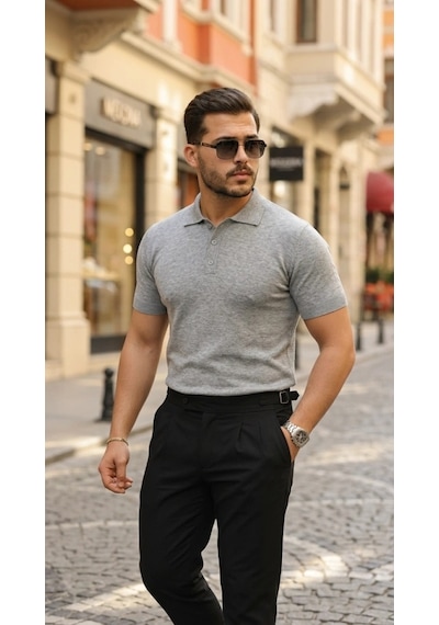 Defymoda Erkek Düğme Yakalı Kısa Kollu Pamuk Triko Tişört Gri