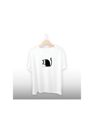 Siyah Kedi Baykuş Detaylı Unisex Tişört Beyaz