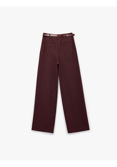 Koton Kemerli Pile Detaylı Düz Bol Paça Kumaş Pantolon Bordo Çizgili 6wak40170pw