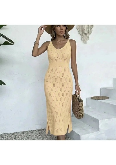 Lexroo %100 Pamuk Yaprak Desen Belden Lastikli Uzun Triko Plaj Elbisesi Çok Renkli