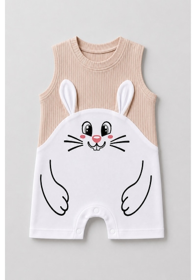 Babyden's Erkek Bebek Tavşan Desenli Yazlık Tulum Fitilli Pamuklu Kolsuz Bebek Tulumu Çıtçıtlı Romper 0-9 Ay Bej