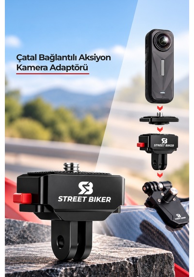 Acqr-01 Aksiyon Kamera Adaptörü 1/4 İnç Vidalı, Çatal Bağlantılı, Hızlı Tak Çıkar Siyah
