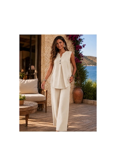 Unika Boutique Kadın Kısa Kollu Bürümcük Bluz Ve Pantolon Ikili Takım ekru Unika Boutique Kadın Kısa Kollu Bürümcük Bluz Ve Pantolon Ikili Takım ekru