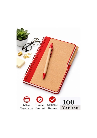 Kırmızı Sert Kapak Çizgili Defter 100 Yaprak 1 Adet Kalem Hediyeli Lastikli Defter Spiralli Günlük Kullanım Not Defteri