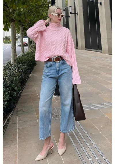 De Pose Pembe Balıkçı Yaka Örme Triko Kazak