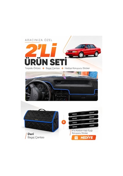 E-biz Hyundai Excel 1989-1994 Uyumlu Torpido Örtüsü + Deri Bagaj Çantası Seti - Siyah-mavi - Hu019