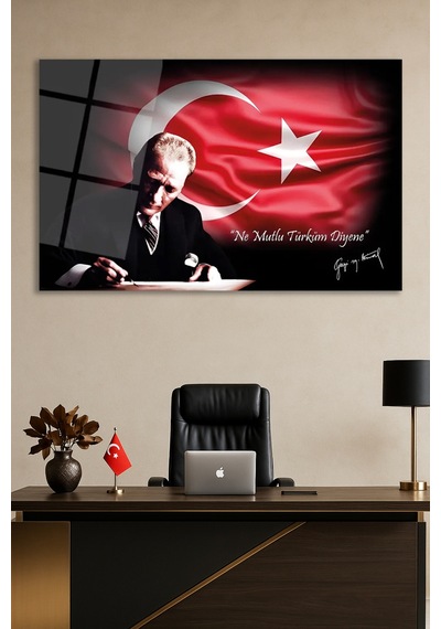 Ne Mutlu Türküm Diyene Atatürk Cam Tablo Dekoratif Duvar Tablosu Solmayan Canlı Renkler Salon Ve Oturma Odası Doğum Günü Hediyesi