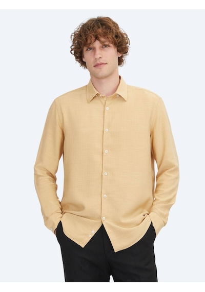 Kip Safran Çizgili Regular Fit Dokuma Casual Gömlek Safran