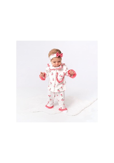 Bebegen Kız Çocuk Ekru Pembe Lale Desenli Fırfırlı Bandanalı Pijama Takımı Çok Renkli