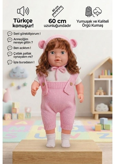 Konuşan Bebeğim 60 Cm Türkçe Konuşan Örgü Tulum Ve Şapkalı Kafası Bacakları Kolları Et Oyuncak Bebek 76145057