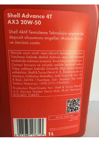 Shell Yağ 20/50 Advance 4t Ax3 Mineral 1 L Motosiklet Yağı