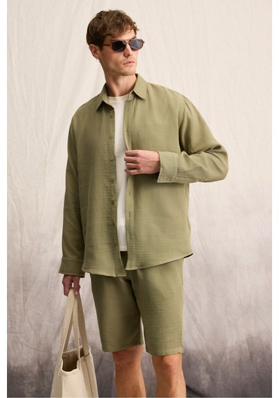 Grimelange Jens Erkek %100 Pamuk Müslin Kumaş Yanları Cepli Slim Fit Dar Kesim Haki Şort