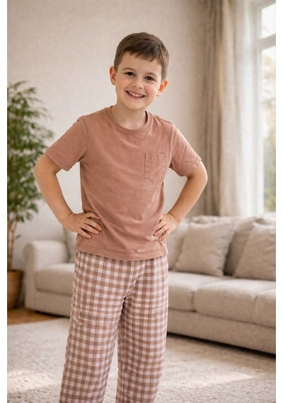 Rindahomewear Açık Kahverengi Kısa Kol Baba-oğul Cepli Pijama Takım Açık Kahverengi-80501