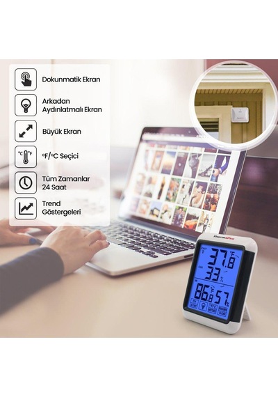 ThermoPro TP65 Dokunmatik Işıklı Geniş Ekran İç ve Dış Mekan (Sensörlü) Dijital Sıcaklık ve Nem Ölçer