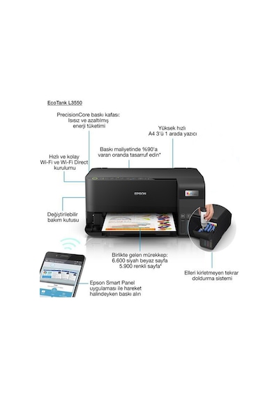 Epson Eco Tank L3550 Mürekkep Tanklı Fonksiyonlu Yazıcı
