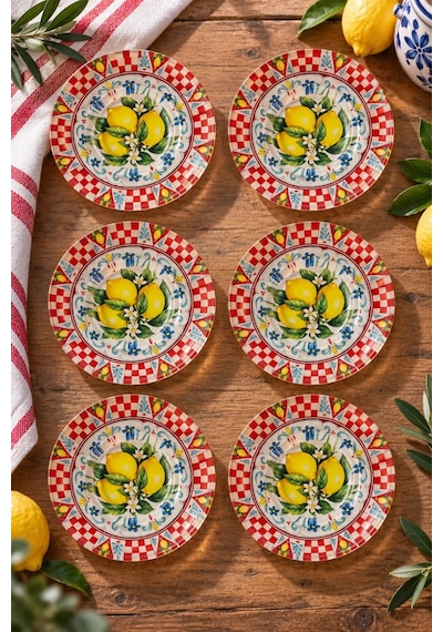 6 Lı Cam Çay Tabağı Limon Ve Kırmızı Dama Desenli 12 Cm 6 Adet Çay Tabak Sarı