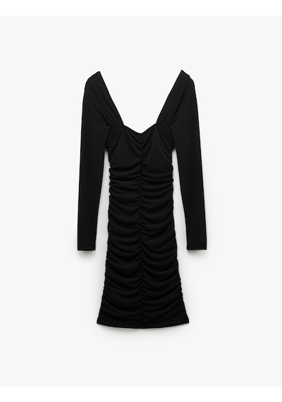 Koton Drapeli Slim Fit Uzun Kollu Mini Kare Yaka Elbise Siyah 5sak80017pk Siyah
