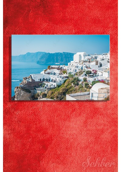 Yunanistan Santorini Adası Oia Köyü Ve Ege Denizi Manzarası Dekoratif Yatay Kanvas Tablo 4062 Çok Renkli