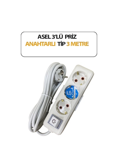 Üçlü, Anahtarlı Model, Topraklı, Klemensli, Kablo 3 Metre Uzunluğunda, Askı Aparatlı Grup Priz 10