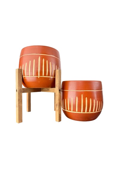 Bitki Tasarımı Dik Çizgi Desenli Toprak Saksı Salon Çiçeklik İkili Set Ayaksız - 4 Ayaklı 19 CM