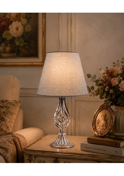 Gri Kumaş Başlık Metal Burgu Ayaklı Modern Abajur 50x25 Cm