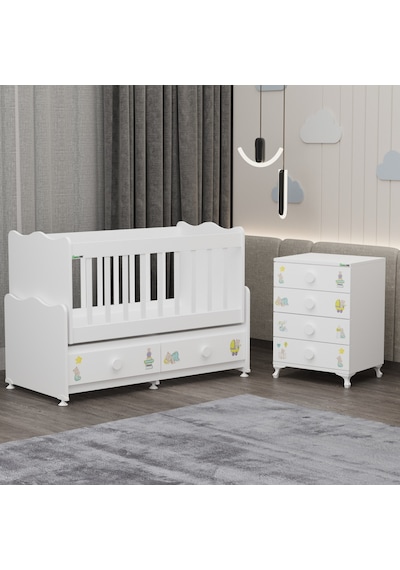 Elegant Mdf Çıtalı Beşik + Şifonyer - Ayıcık Beyaz