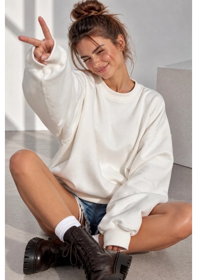 Bb Butik Basic 3 İplik Oversize Salaş Basic Sweatshirt Bisiklet Yaka My3535 beyaz