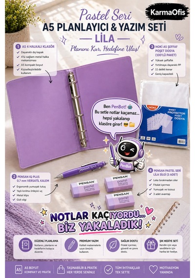 Pastel Lila Seri A5 Planlayıcı Ve Yazım Seti 4 Halkalı Klasör, Versatil Kalem, Silgi Ve Şeffaf Dosya Lila